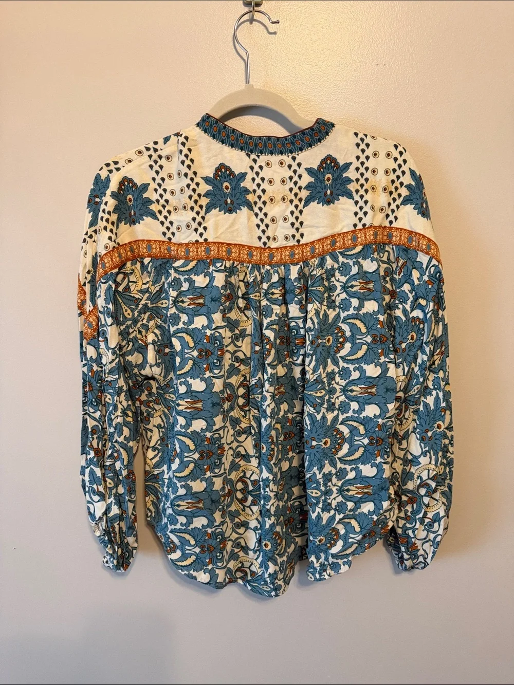 Anthropologie Teal, Cream & Orange Printed Button-Front Blouse - Picture 7 of 7